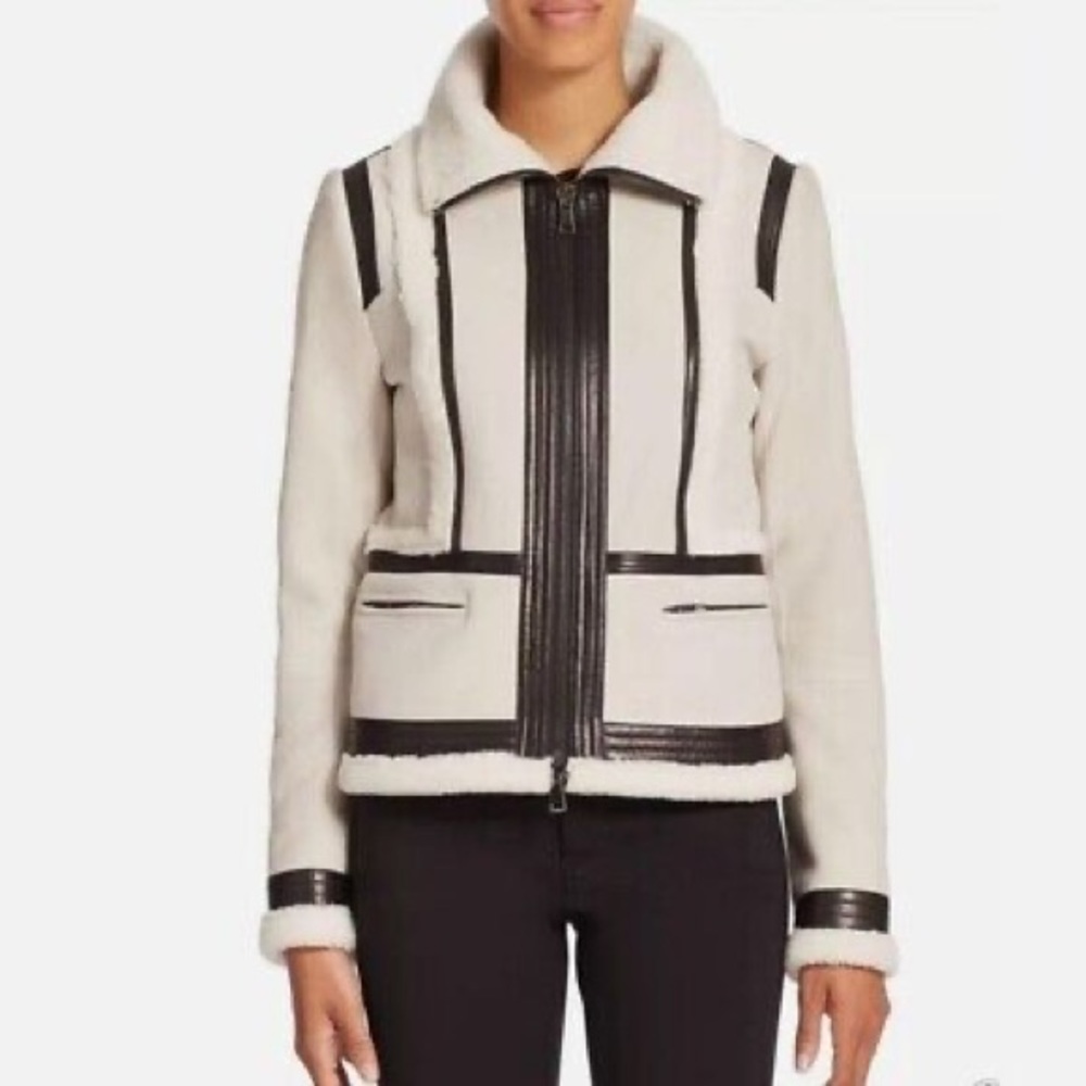 Vince Leather Trimmed Shearling Jacket S